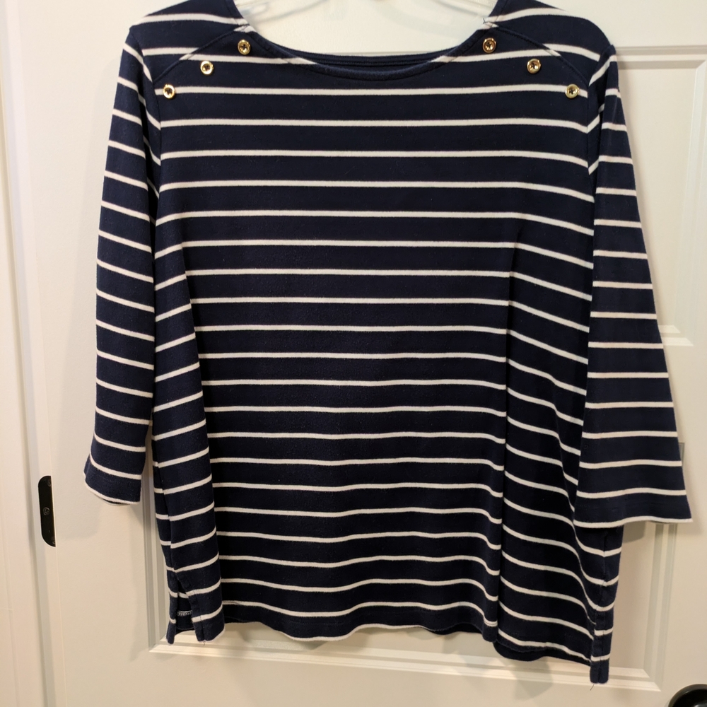 🔴 3/$15. Kim Rogers Navy and White Striped, 3/4 Sleeve, Boatneck Top